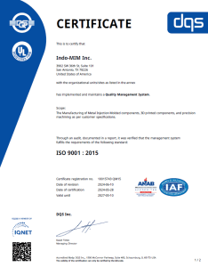 INDO-MIM INC ISO9001 ISO9001:2015 INDO-MIM Inc
